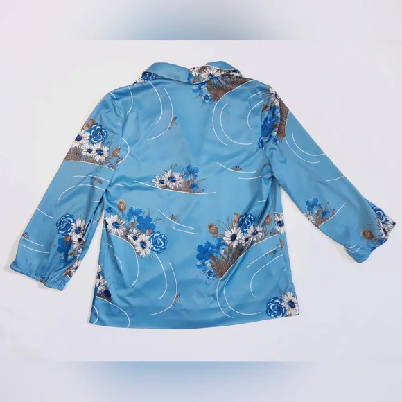 Vintage 70s Blue Silky Polyester Floral Daisy Poppy Top Shirt Women's Small - Picture 12 of 13
